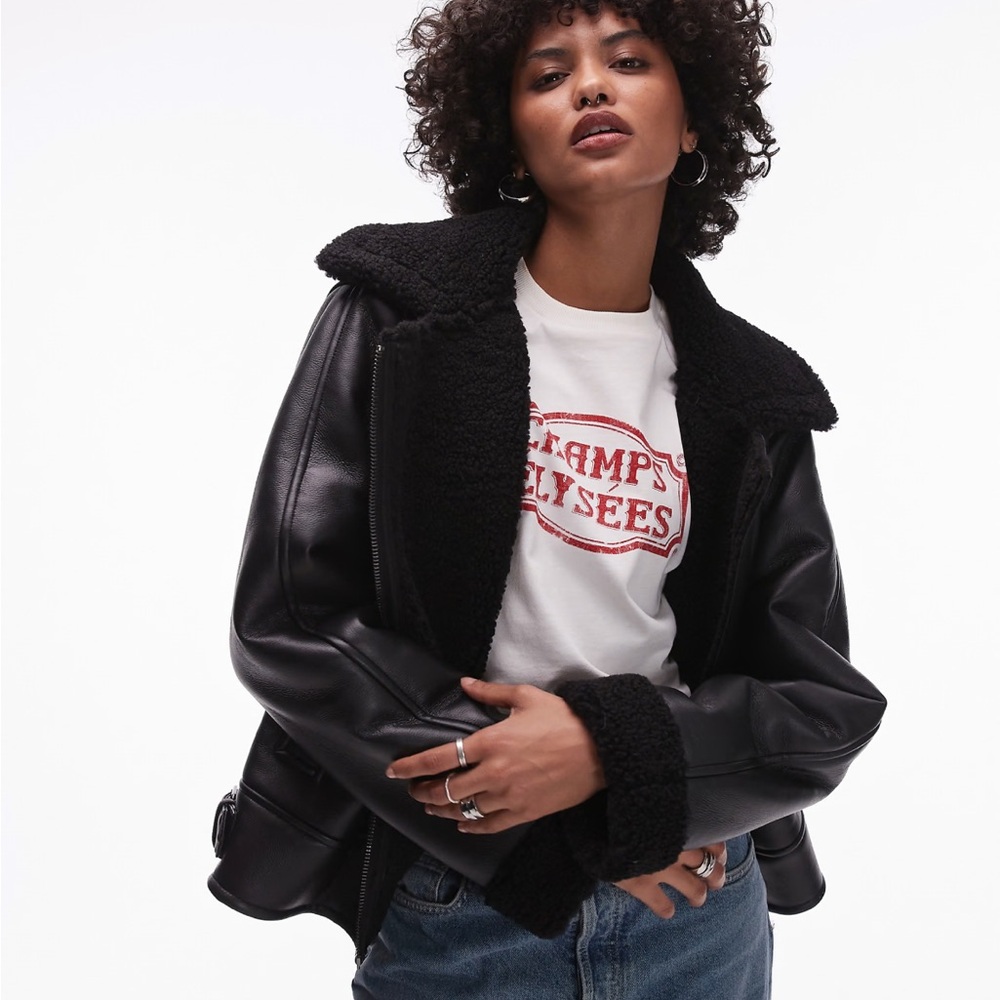 Topshop shearling aviator jacket in black
